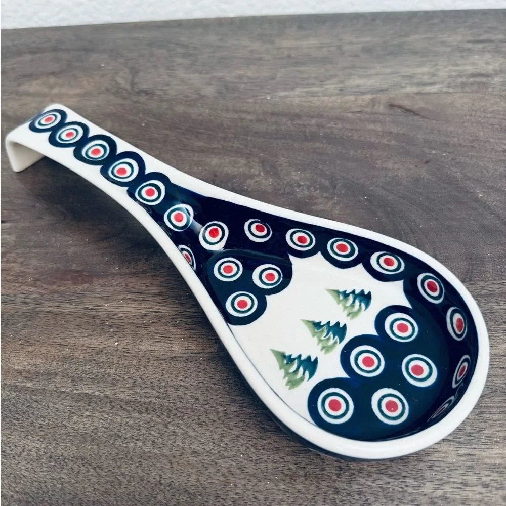 Polish Pottery Boleslawiec Christmas Peacock Circles Ceramic Spoon Rest